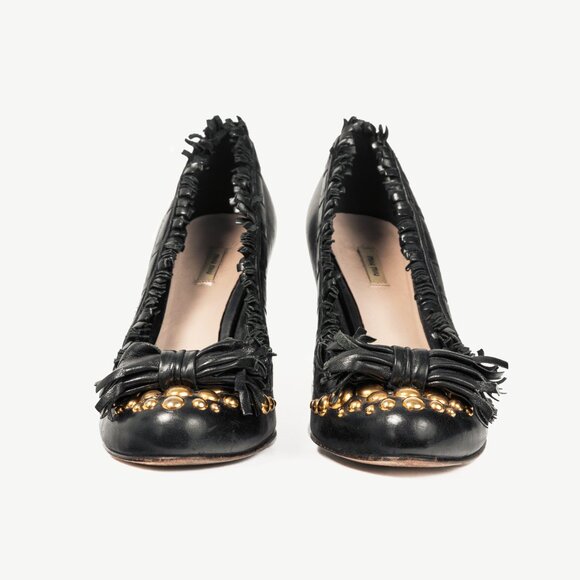 Miu Miu Black Leather Fringe-Trim Studded Bow Heels - Picture 2 of 8
